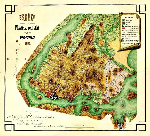 Esboço da Planta da Ilha de Victoria, 1896: a cidade ocupada em vermelho, à esquerda, e todo o resto por ocupar
