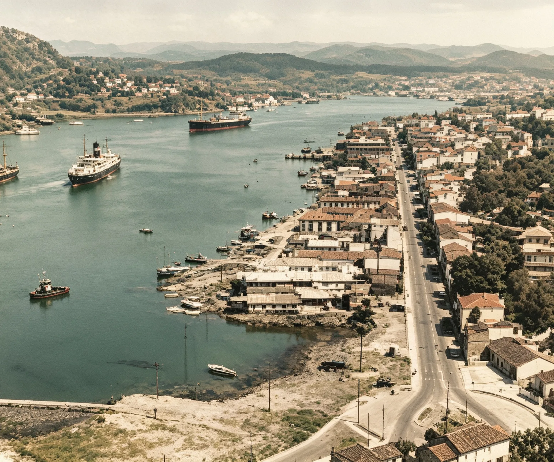 A cidade vista do alto, com os navios fundeados na baía