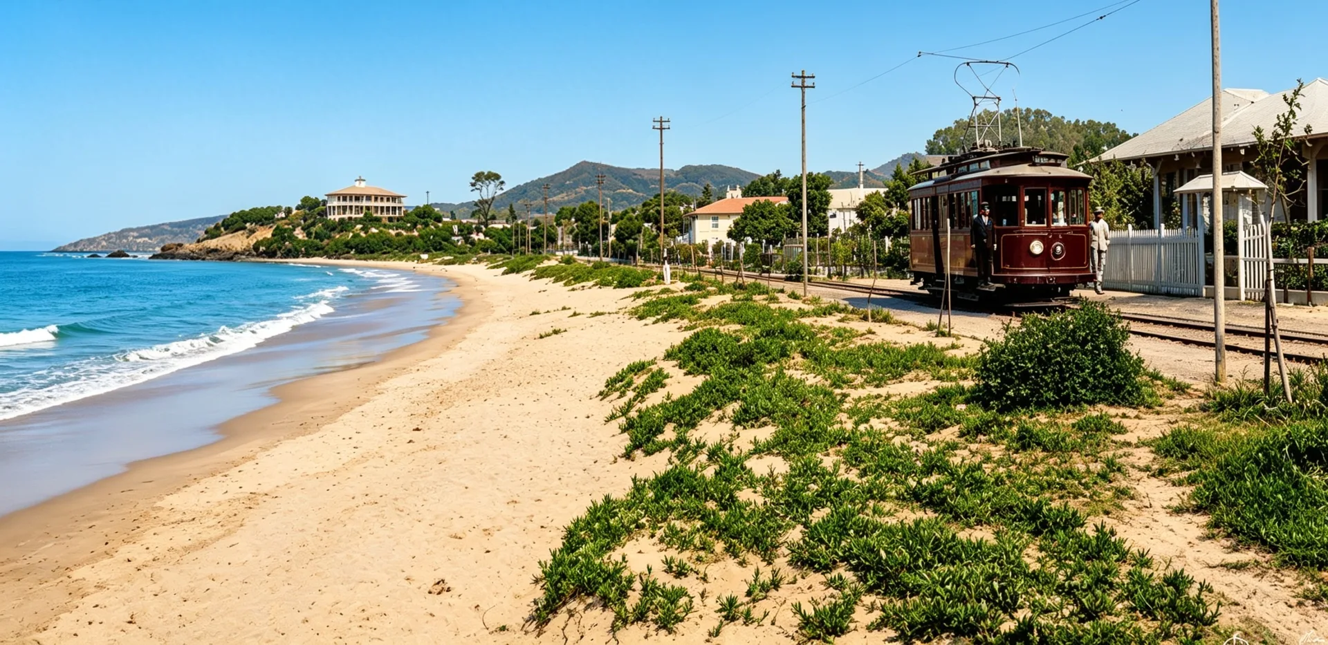 O bonde corria colado na areia, onde hoje é a Saturnino de Brito